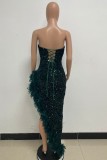 Grijze sexy formele patchwork pailletten veren backless strapless avondjurk jurken