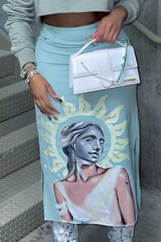 Light Blue Casual Print Slit Regular High Waist Conventional Positioning Print Skirt