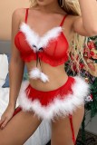 Red Sexy Living Solid Patchwork See-through Backless Christmas Day Lingerie