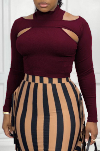 Burgundy Sexy Street Solid Hollowed Out Patchwork Half A Turtleneck Tops