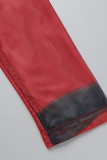 赤いセクシーなプリント パッチワーク シースルー O ネック ワン ステップ スカート ドレス