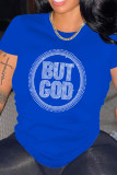 T-shirt con scollo a O con trapano a caldo in tinta unita casual blu