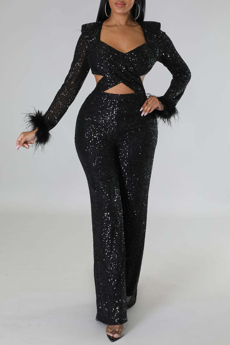 

Black Sexy Solid Hollowed Out Sequins Patchwork Feathers V Neck Straight Jumpsuits