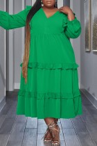 グリーン カジュアル ソリッド パッチワーク Vネック ロングスリーブ プラスサイズ ドレス