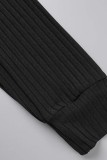 Черные повседневные сплошные выдолбленные лоскутные шнурки с круглым вырезом и длинными рукавами из двух частей