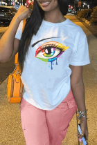 Blanco Casual Street Eyes Impreso Patchwork O Cuello Camisetas