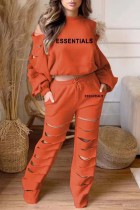 Tangerine Red Casual Letter Print évidé O Neck Long Sleeve Two Pieces