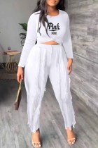 White Casual Print Tassel Letter O Neck Long Sleeve Two Pieces