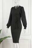 Vestidos de falda de lápiz con cuello en V de hilo de retazos sólidos informales negros