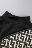 Vestidos retos pretos sexy estampado patchwork com zíper meia gola alta