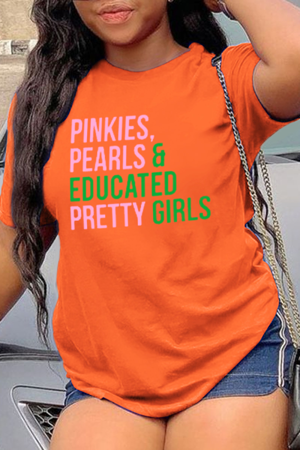 Camisetas con cuello en O de letras de patchwork con estampado de simplicidad de calle de trabajo casual naranja
