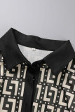Negro casual estampado patchwork cuello vuelto manga larga dos piezas