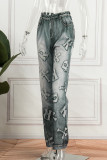 Серые повседневные классические классические брюки с буквенным принтом и высокой талией