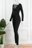 Zwarte casual effen patchwork skinny jumpsuits met V-hals