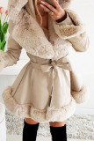 Apricot Sexy Solid Bandage Patchwork Feathers Hooded Collar Outerwear