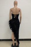 Черное сексуальное вечернее платье в стиле пэчворк с блестками и перьями, с открытой спиной, без бретелек, платья
