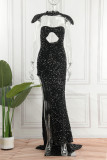 Черное сексуальное вечернее платье в стиле пэчворк с блестками и открытой спиной без бретелек