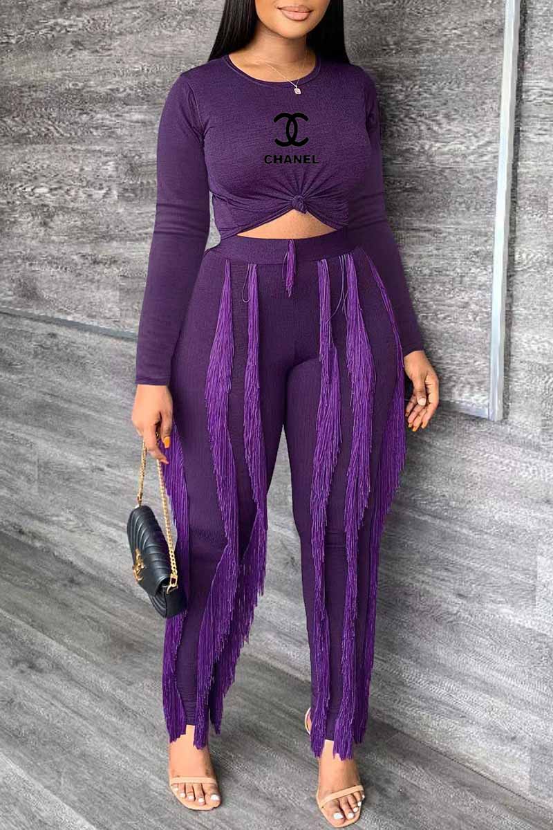 

Purple Casual Print Tassel Letter O Neck Long Sleeve Two Pieces