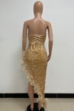 パープル セクシー フォーマル パッチワーク スパンコール 羽 バックレス ストラップレス イブニングドレス ドレス