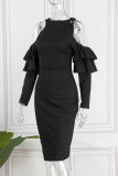Vestidos de saia de um passo preto elegante de patchwork sólido com babados e decote