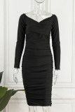 黒のセクシーなソリッドパッチワークVネックワンステップスカートドレス