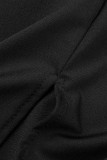 ブラック エレガント ソリッド パッチワーク フラウンス O ネック ワンステップ スカート ドレス