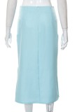 Голубая повседневная юбка с разрезом и принтом с высокой талией
