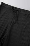 Черные повседневные сплошные выдолбленные лоскутные шнурки с круглым вырезом и длинными рукавами из двух частей