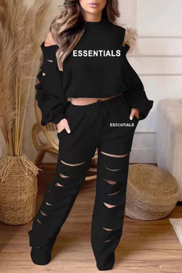 Black Casual Letter Print Hollowed Out O Neck Long Sleeve Two Pieces