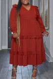 アーミーグリーン カジュアル ソリッド パッチワーク Vネック ロングスリーブ プラスサイズ ドレス