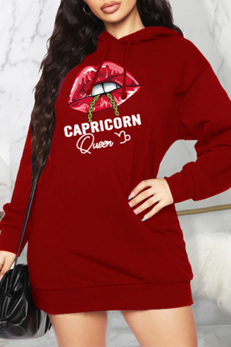Burgundy Casual Lips Printed Patchwork Hooded Collar Straight Dresses