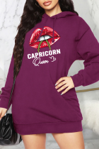 Purple Casual Lips Printed Patchwork Hooded Collar Straight Dresses
