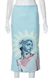 Jupe décontractée imprimé fente taille haute régulière imprimé positionnement conventionnel jupe bleu clair