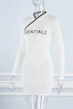 White Casual Letter Patchwork Mandarin Collar Long Sleeve Dresses