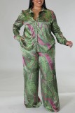 Green Casual Print Basic Turndown Collar Plus Size Two Pieces