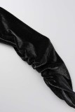 Noir Sexy Casual Solid Draw String Pliez l'épaule Robes à manches longues