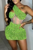 Moda verde sexy patchwork bandagem transparente sem costas gola oblíqua vestido sem mangas
