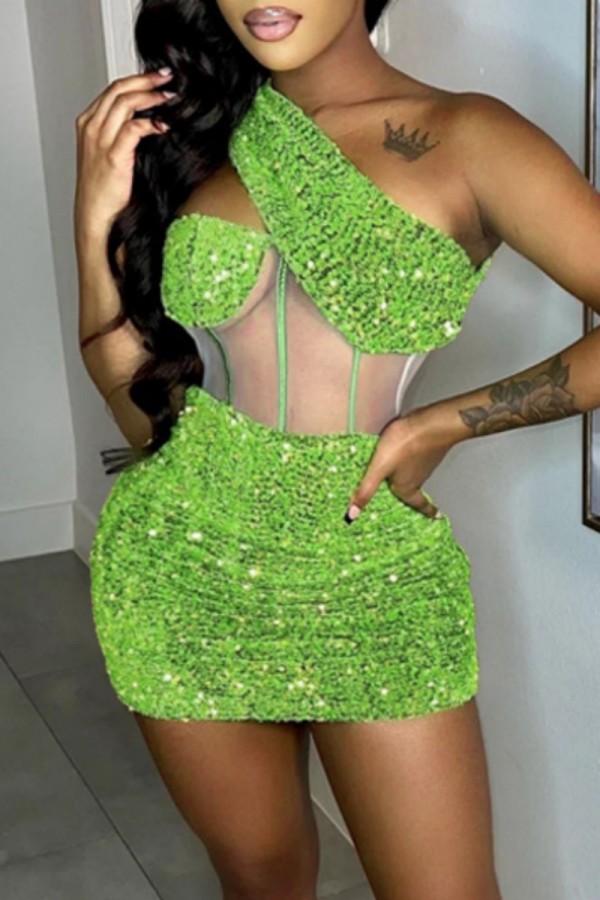 Groene mode sexy patchwork bandage doorzichtige rugloze schuine kraag mouwloze jurk