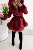 Burgundy Sexy Solid Bandage Patchwork Feathers Hooded Collar Outerwear