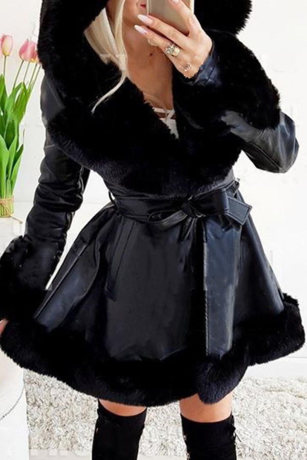 Prendas de abrigo de cuello con capucha de plumas de retazos de vendaje sólido sexy negro