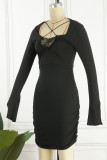 Черные сексуальные однотонные лоскутные платья с квадратным воротником и юбкой-карандашом
