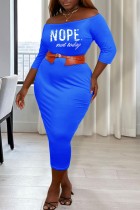 カラー ブルー カジュアル プリント ベーシック オフショルダー ラップスカート プラスサイズ ドレス (ベルトなし)