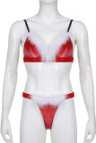Red Sexy Solid Patchwork Feathers Christmas Day Swimwears