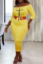 Yellow Casual Print Basic Off the Shoulder Wrapped Skirt Plus Size Dresses (Without Belt)