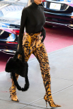 Estampado de leopardo Sexy Patchwork de leopardo Flaco Lápiz de cintura alta Pantalones con estampado completo