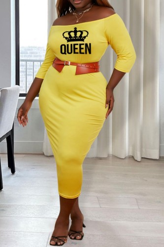 Yellow Black Casual Print Basic Off the Shoulder Wrapped Skirt Plus Size Dresses (Without Belt)
