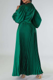 Vestidos plisados ​​de manga larga con cuello en O de patchwork sólido informal verde oscuro (sin cinturón)