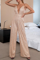 Champagne Sexig Casual Patchwork Paljetter Backless Spaghetti Strap Vanliga Jumpsuits