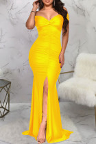 Желтое элегантное однотонное вечернее платье с разрезом в стиле пэчворк и V-образным вырезом Платья