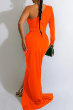 Orange Sexy Solid Patchwork Fold Oblique Collar Long Dress Dresses